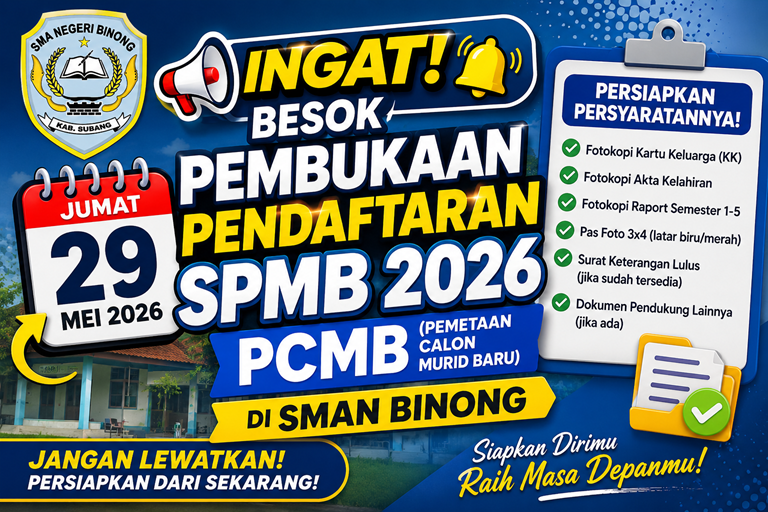SMAN Binong Resmi Buka Pendaftaran SPMB 2026 Jalur PCMB Besok, 29 Mei 2026!